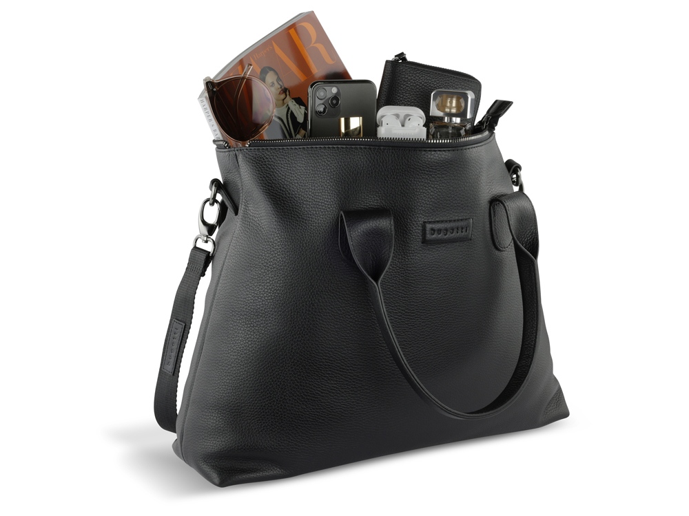 Сумка-шоппер BUGATTI ЭЛЬЗА | ELSA, чёрная, воловья кожа/полиэстер, 46х11х31,5 см