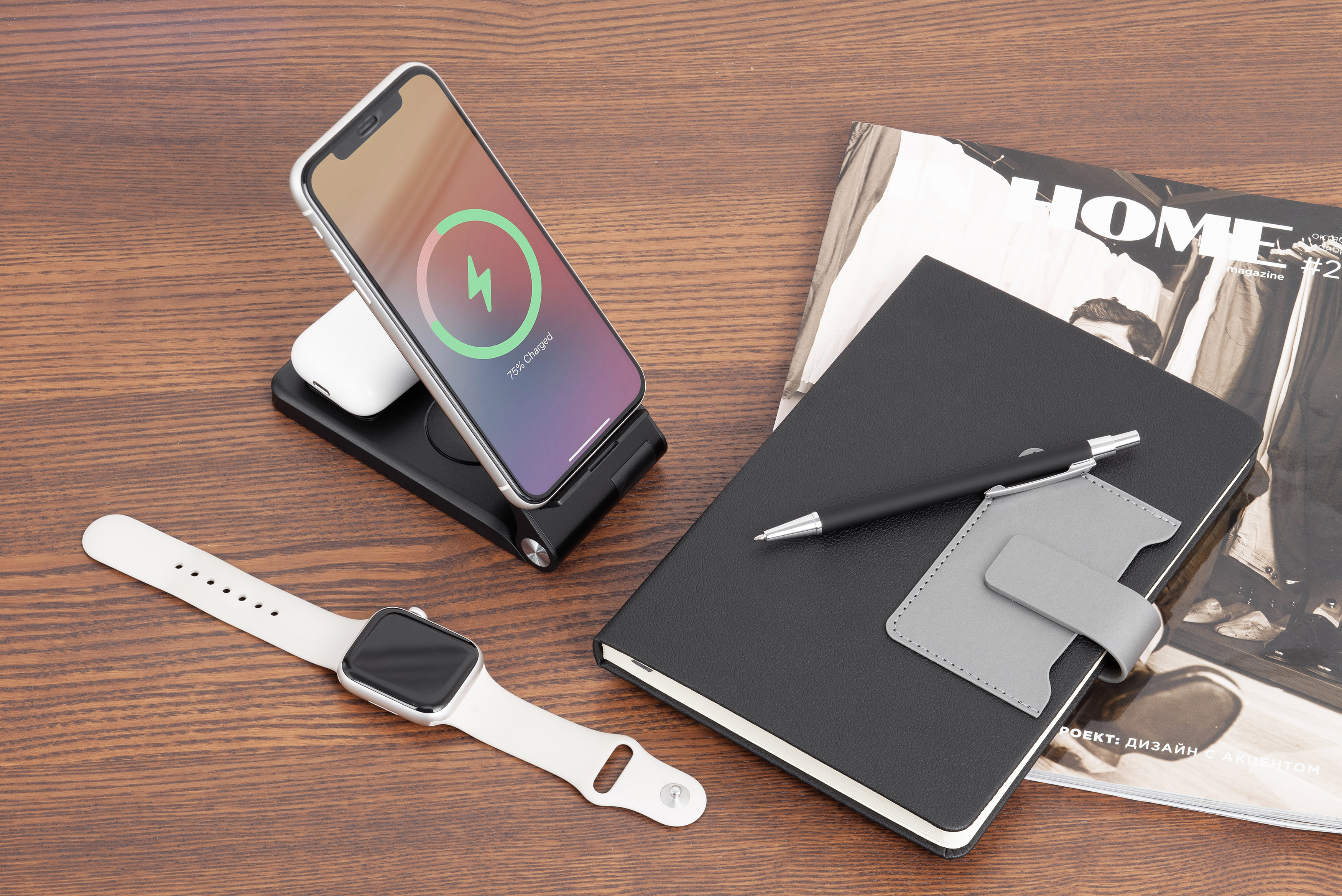 Складная беспроводная (15W) зарядная станция "Clap" с подсветкой логотипа и подставкой для смартфона, черный