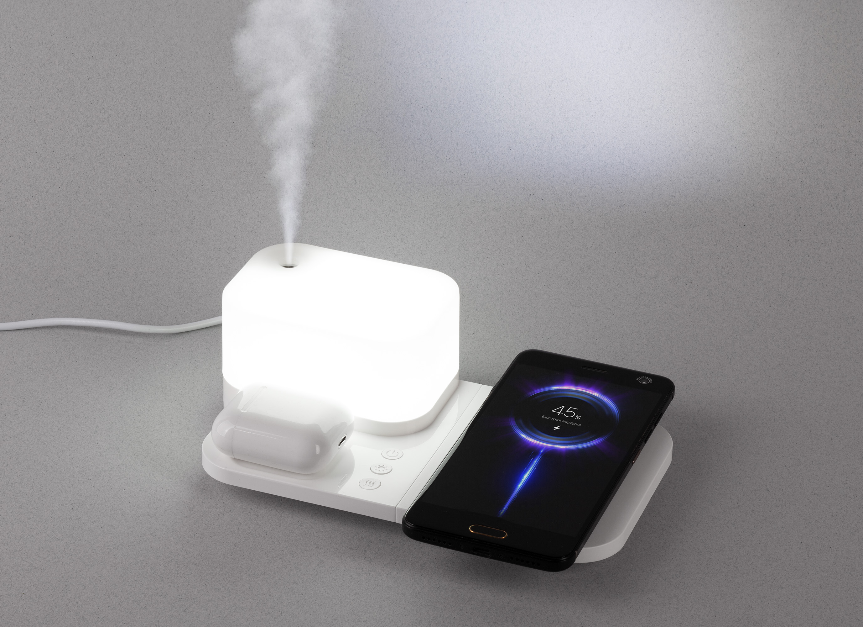 Настольная беспроводная (15W) зарядная станция  "Smart Base" с увлажнителем и лампой, белый