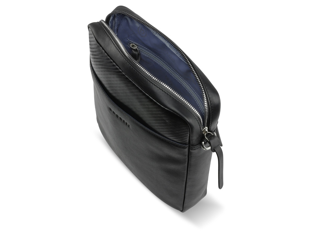 Сумка наплечная мужская BUGATTI КОМЕТА | COMET, чёрная, воловья кожа/полиэстер, 23,5х5х26 см