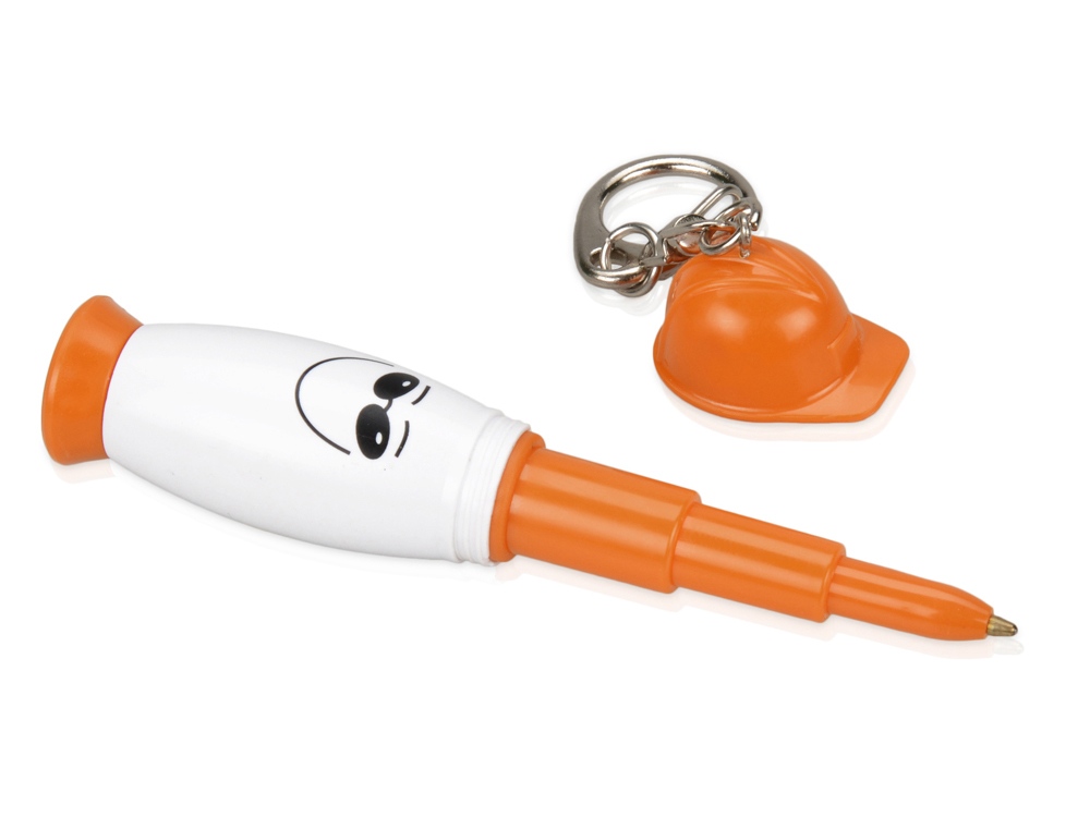Брелок-фонарик с ручкой в виде человечка в каске, белый/оранжевый