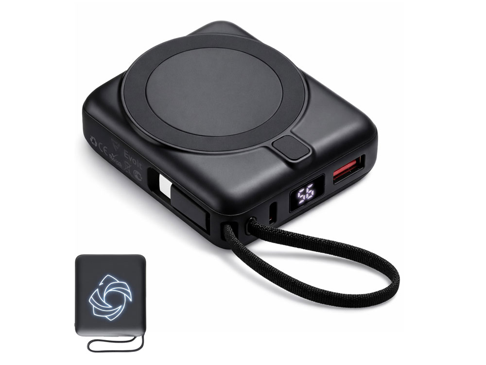 Магнитный беспроводной внешний аккумулятор c подсветкой лого Энчант, 10000 мАч с логотипом Evolt | Print Logo