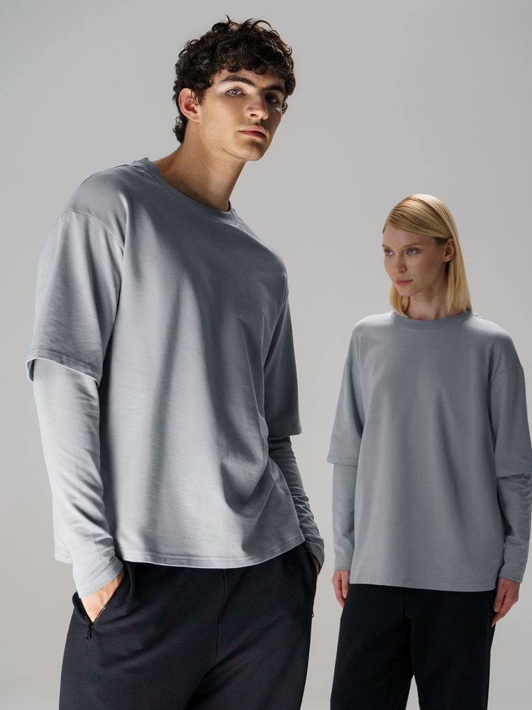 Футболка оверсайз с двойным рукавом Kosmos, светло-серая, размер M/L