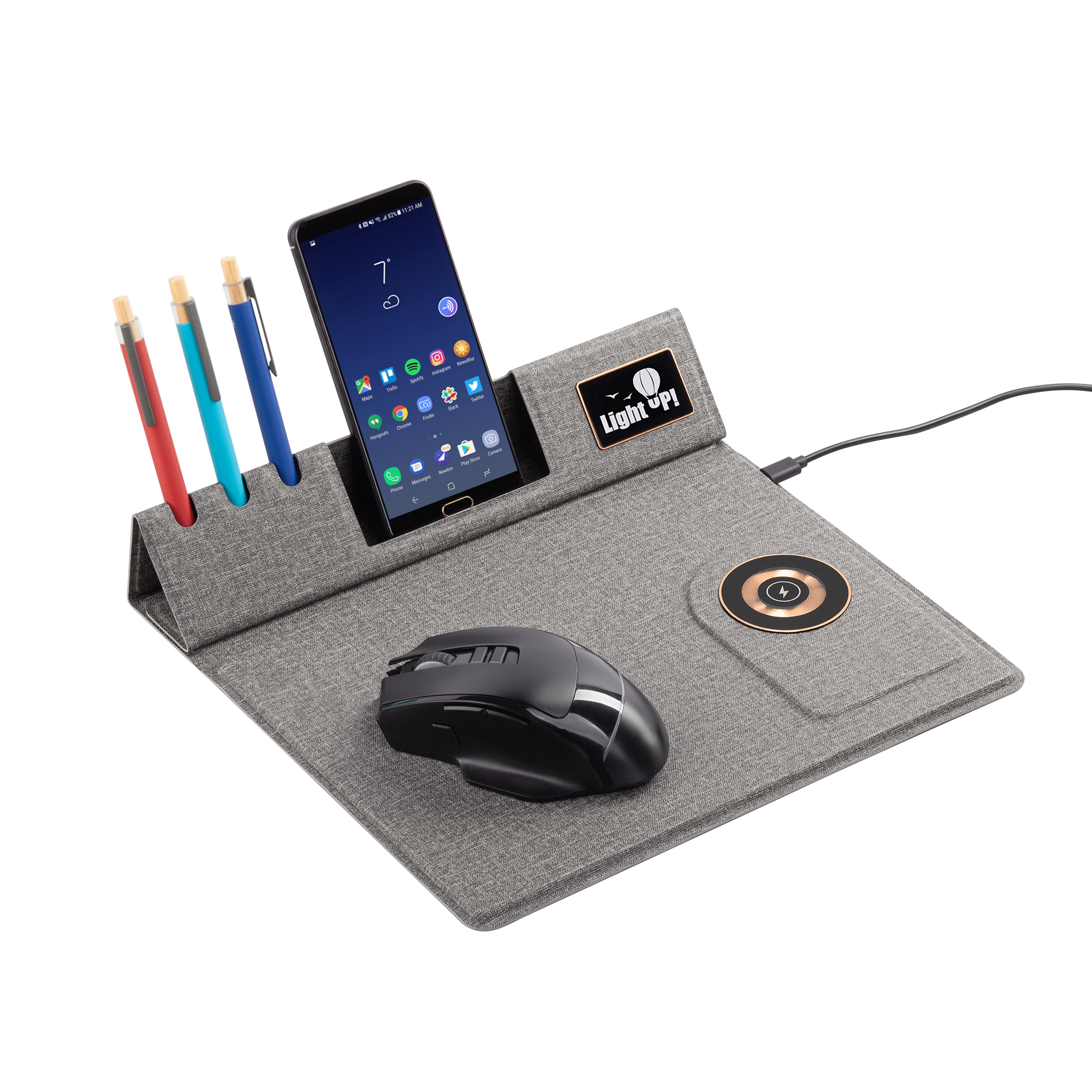 Настольная складная подставка "Cool Mat" с беспроводным (15W) ЗУ, сенсорной подсветкой логотипа, функцией MagSafe и ковриком для мыши фото на сайте Print Logo.