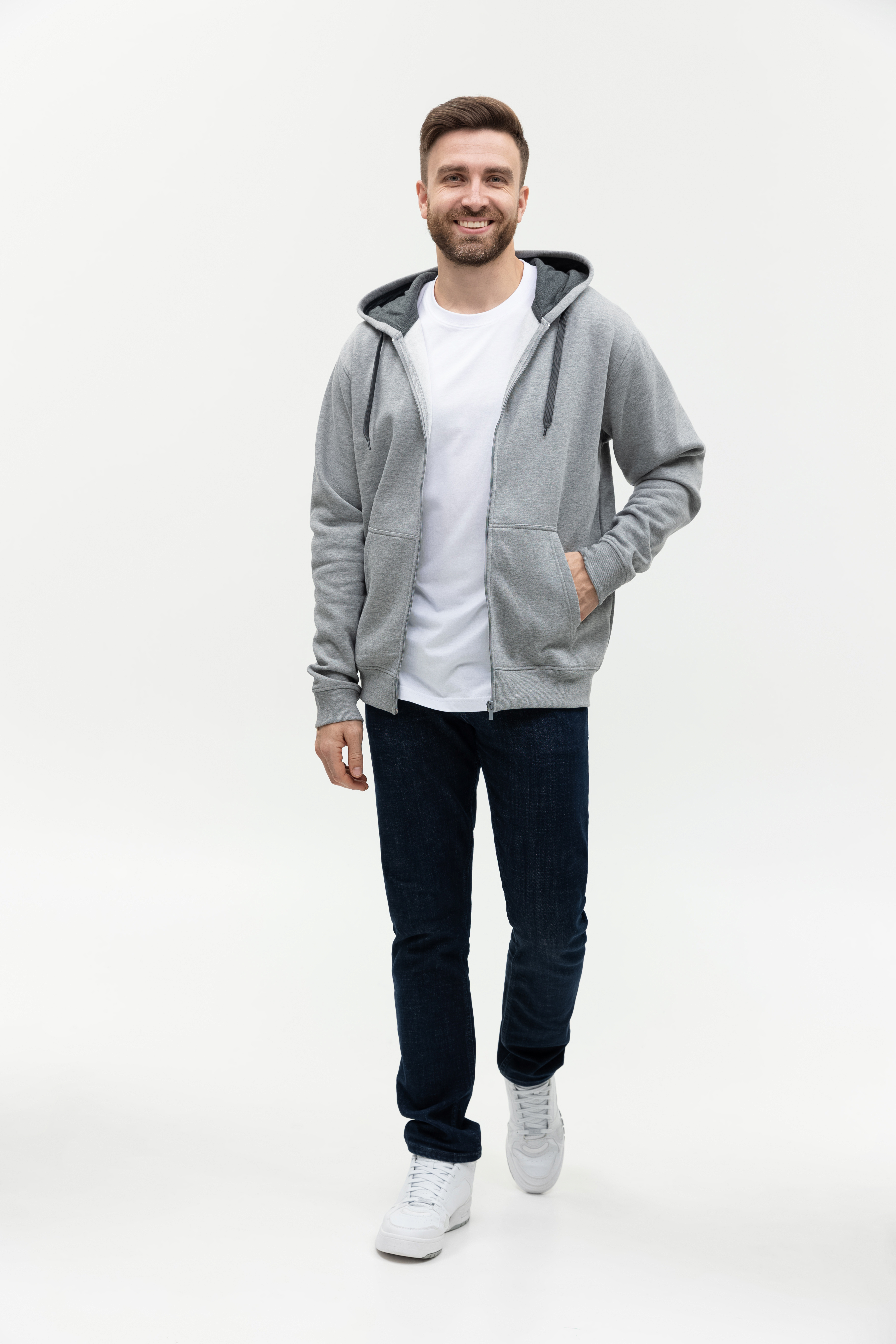 Толстовка мужская STAN с капюшоном на молнии футер с начёсом 280, 17, Серый меланж,  (50/60)  (52/XL)