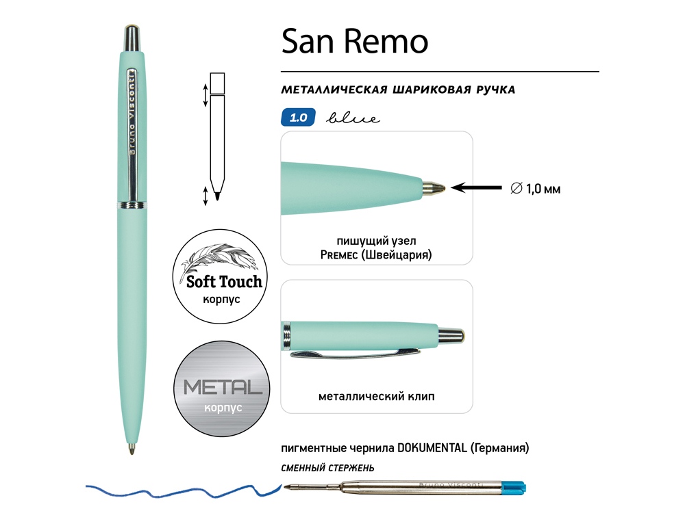 Ручка металлическая шариковая San Remo, софт-тач, 1.0 мм, мятный