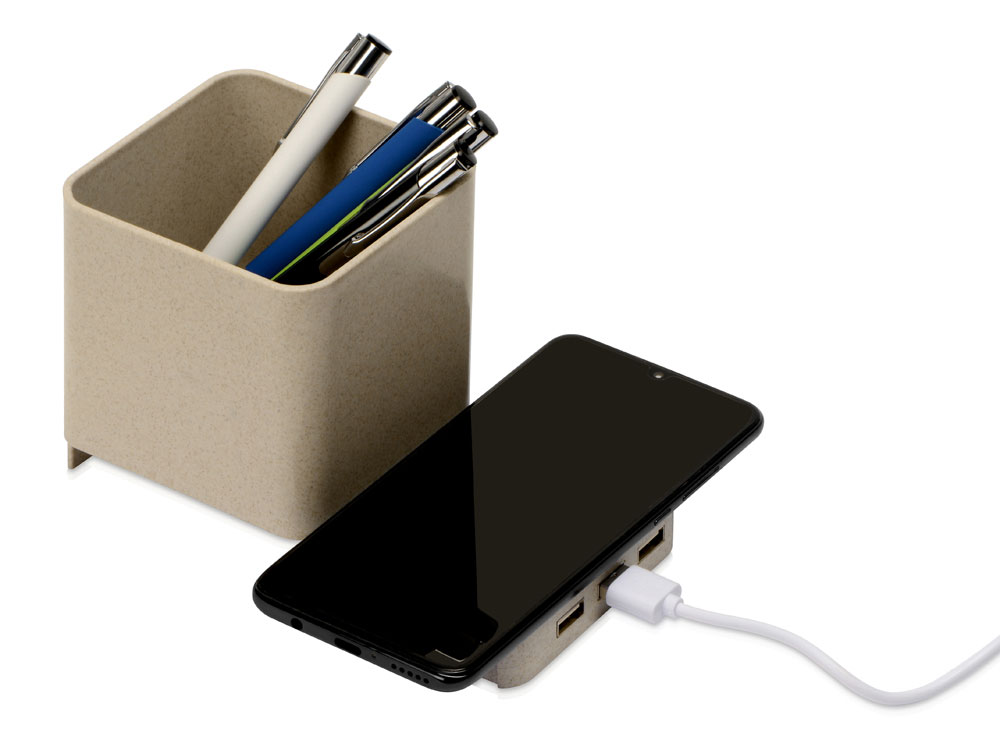 Настольный органайзер Cubic с функциями USB-хаба и беспроводной зарядки с логотипом  | Print Logo