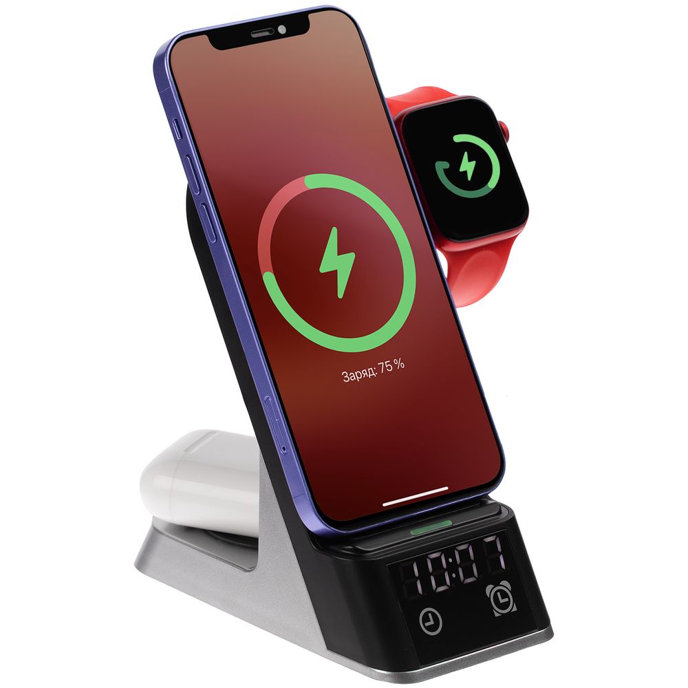 Зарядная станция с часами E-Store для смартфона, часов и наушников с логотипом Uniscend | Print Logo