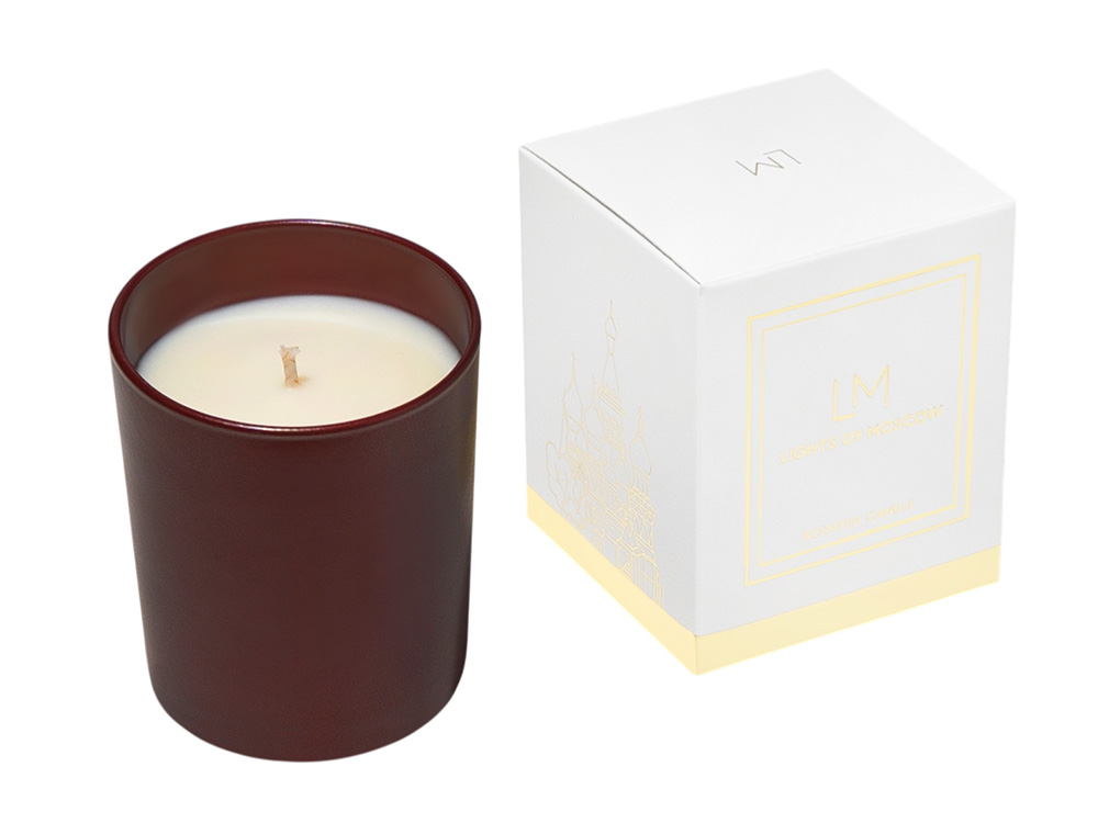 Ароматическая свеча в бордовом стакане Sunset, коллекция Exclusive, 250 мл с логотипом Lights of Moscow | Print Logo