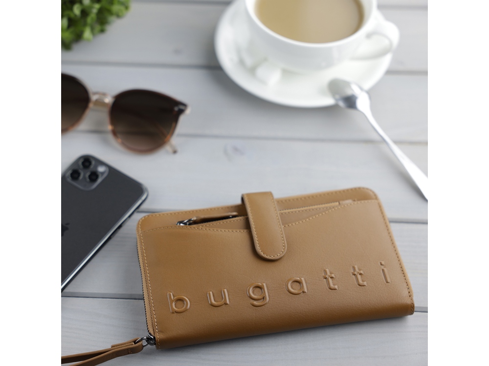 Кошелёк женский BUGATTI ДАФНА | DAPHNE с ключницей, коньячный цвет, воловья кожа/полиэстер, 19х3х11 см