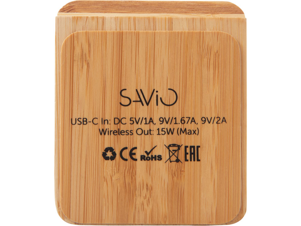 Беспроводное зарядное устройство 2-в-1 с подсветкой лого Reedia S4, 15 Вт, бамбук, черный