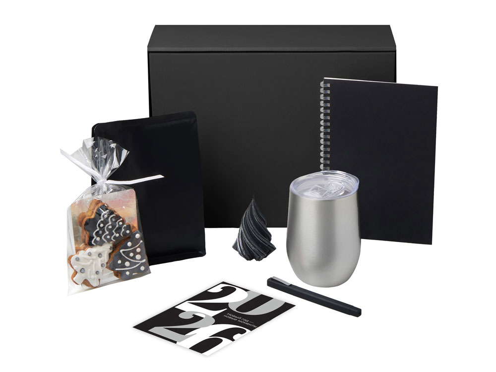 Подарочный набор c термокружкой, блокнотом, ручкой и свечкой, серебристый