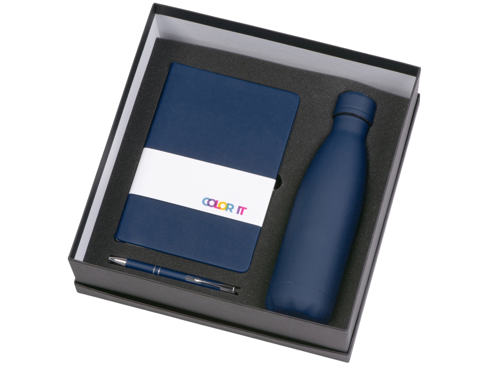 Подарочный набор с блокнотом С3, металлической ручкой и термобутылкой, темно-синий