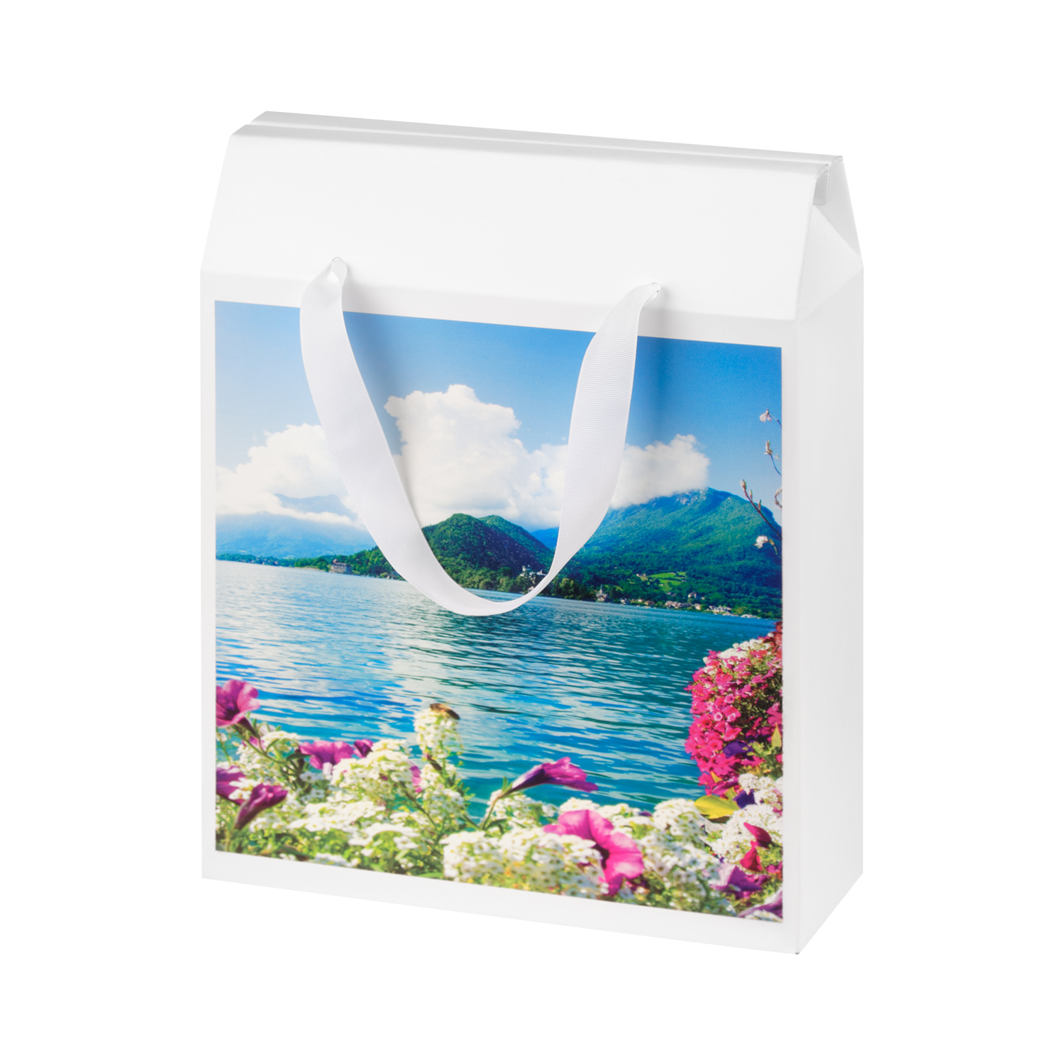 Подарочная коробка-пакет универсальная большая, белая, 295х115х372 мм — пример нанесения логотипа (Portobello подарочная упаковка) | Print Logo