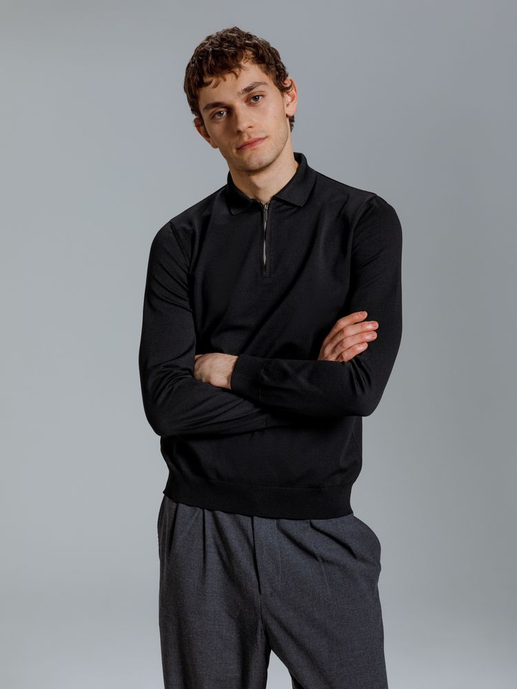 Рубашка поло мужская с длинным рукавом Terrazzo, черная, размер 2XL/3XL