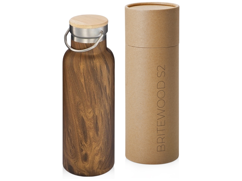 Вакуумный термос Britewood S2, 500 мл, бамбуковая крышка, крафтовый тубус с логотипом Waterline | Print Logo
