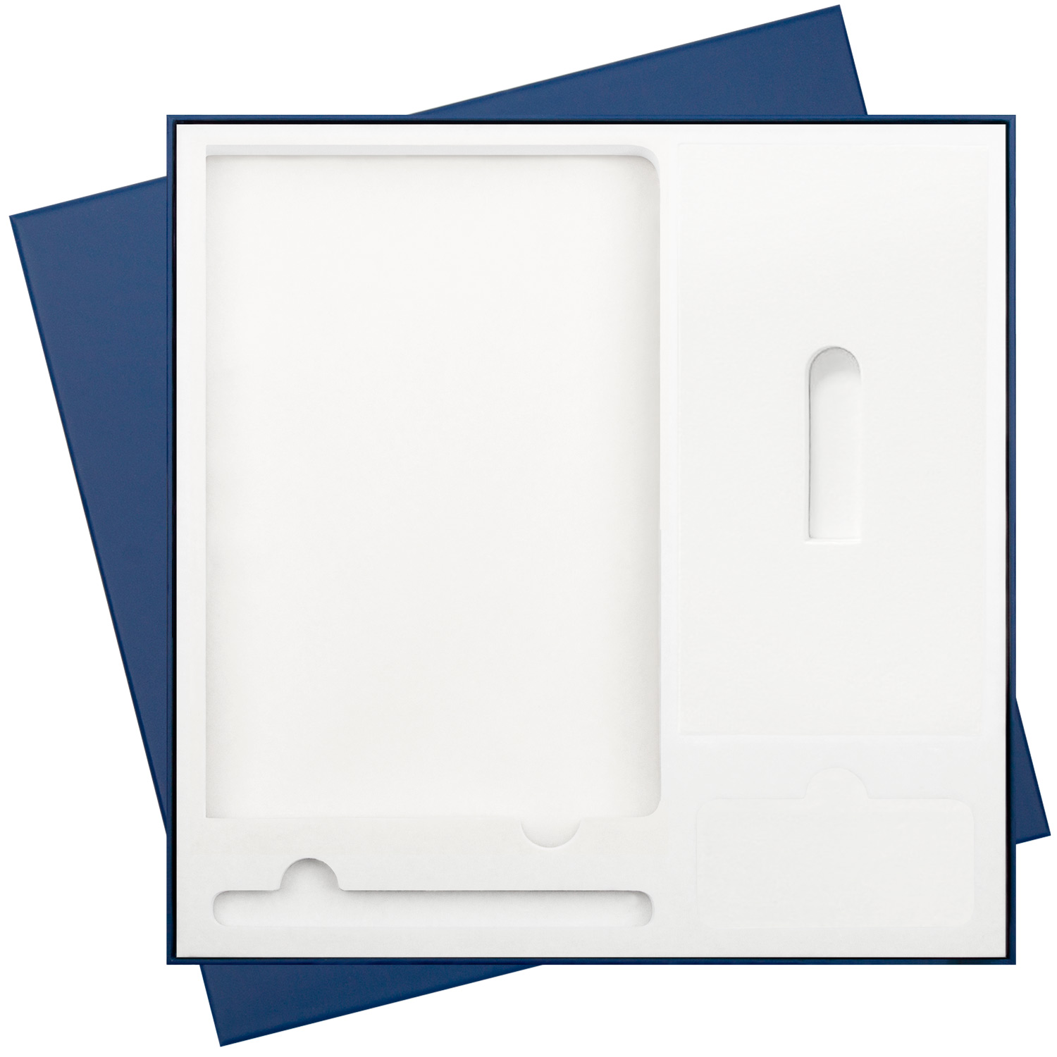 Подарочная коробка с ложементом для ежедневника, ручки и аккумулятора, синяя (под съемные ложементы) — пример нанесения логотипа (Portobello подарочная упаковка) | Print Logo