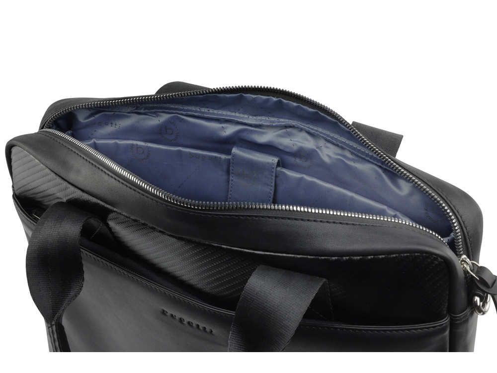 Портфель мужской BUGATTI КОМЕТА | COMET, чёрный, воловья кожа/полиэстер, 37х6х27 см