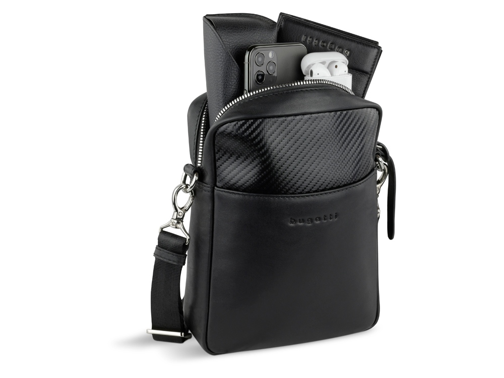 Сумка наплечная мужская BUGATTI КОМЕТА | COMET, чёрная, воловья кожа/полиэстер, 17х4,7х21 см