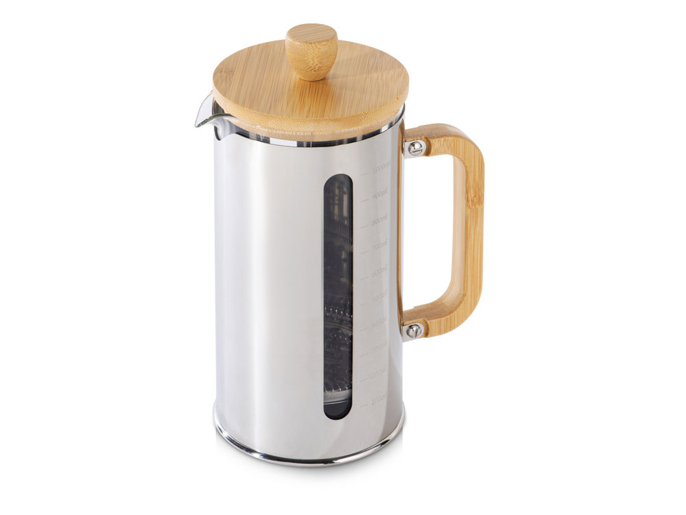 Френч-пресс в стальном корпусе и ручкой из бамбука Coffee break с логотипом Eat&Bite Select | Print Logo