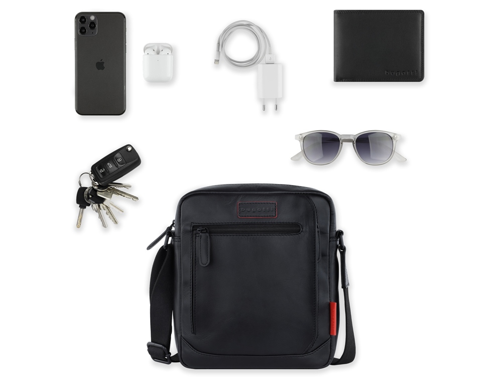 Сумка наплечная мужская BUGATTI КЛАРК | CLARK, чёрная, воловья кожа/полиэстер, 21х6,5х24 см, 3 л