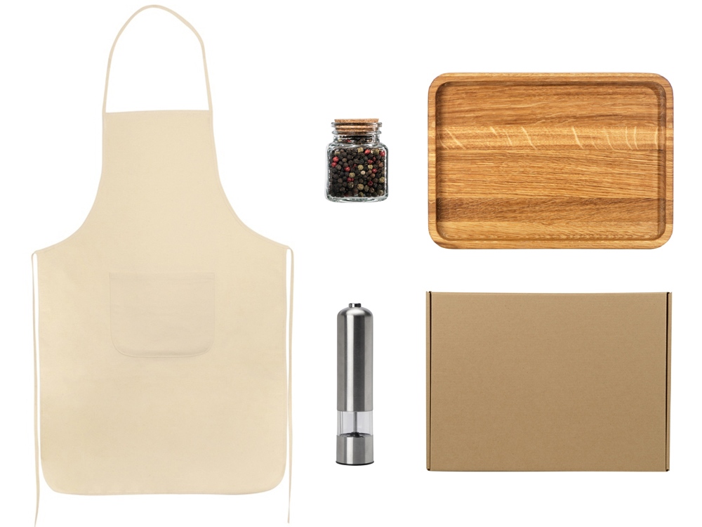 Подарочный набор для кухни с фартуком, подносом, мельницей и специями с логотипом  | Print Logo