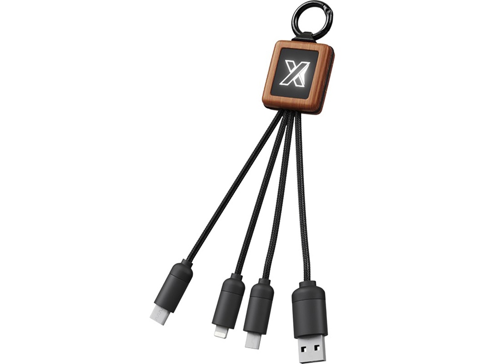 Кабель 3 в 1 на деревянной основе со светящимся логотипом с логотипом SCX.design | Print Logo