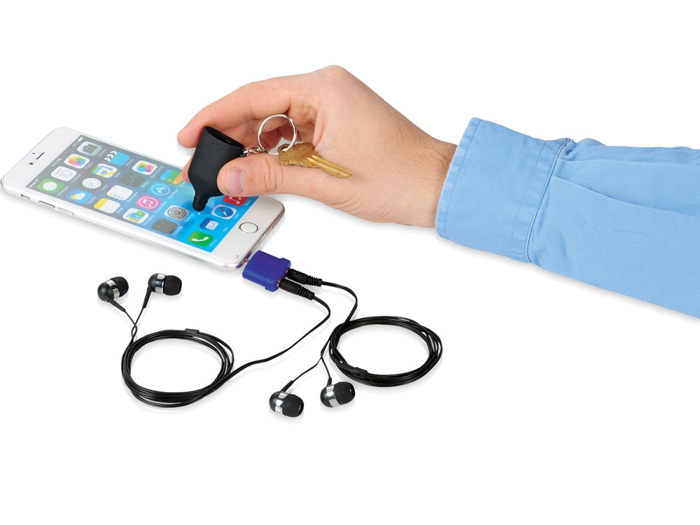 Аудиосплиттер с брелоком и стилусом 2 в 1, черный/ярко-синий