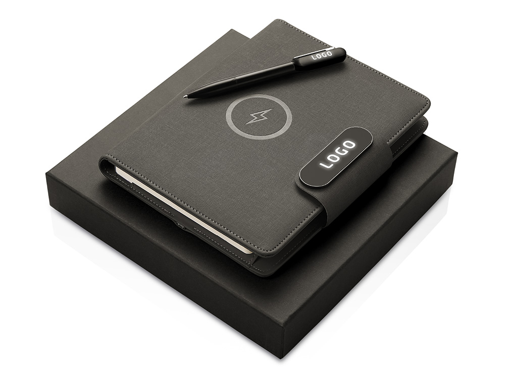 Подарочный набор Twilight: органайзер А5 с беспроводной зарядкой и металлическая шариковая ручка со светящимся логотипом с логотипом Evolt | Print Logo