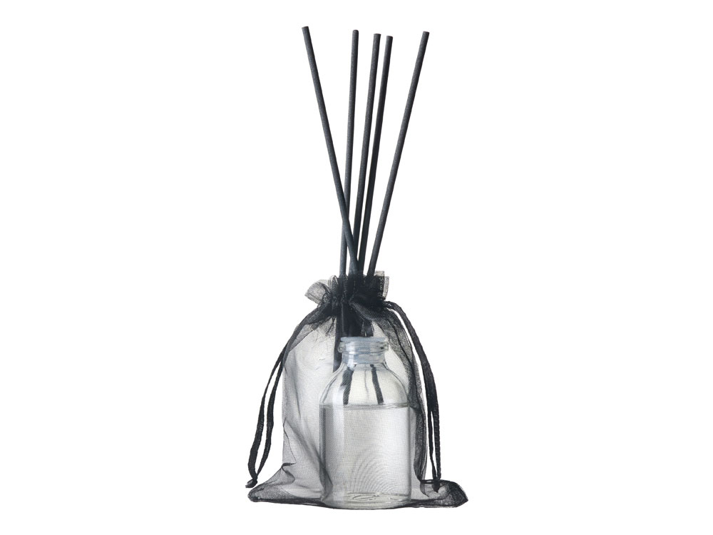 Диффузор с ароматом Табак и ваниль, 30мл, стекло, пробка, палочки 5 шт., мешочек из органзы черный