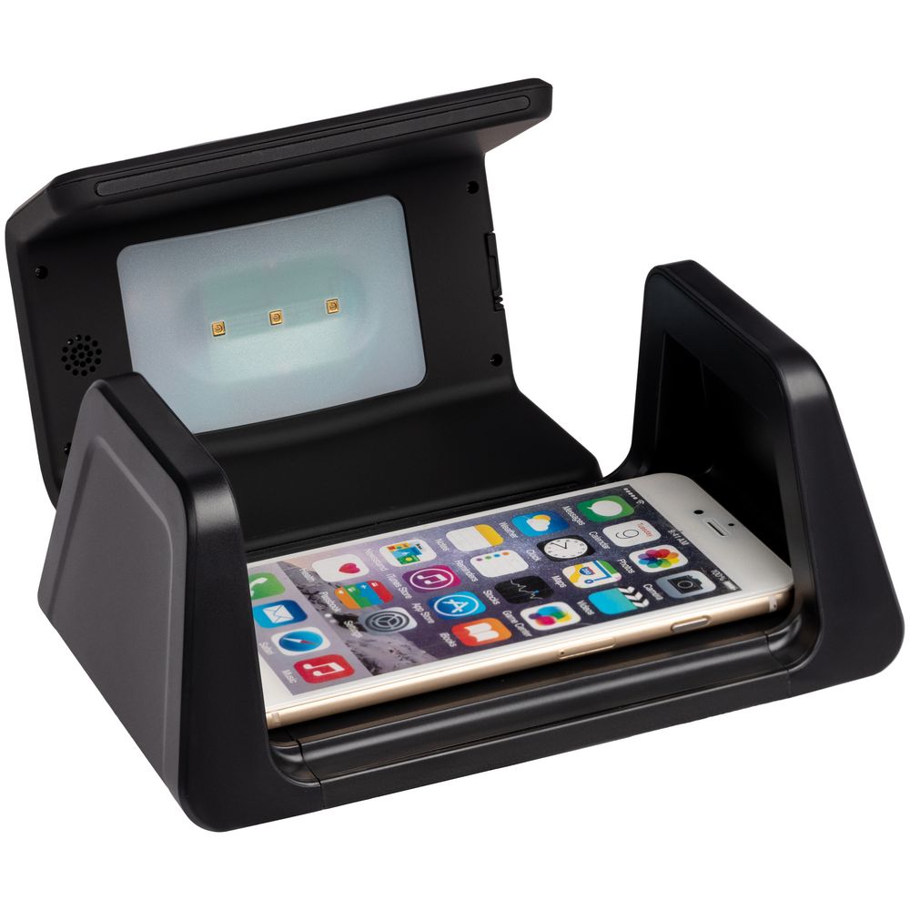 Настольный стерилизатор с беспроводной зарядкой и часами UV Depot фото на сайте Print Logo.