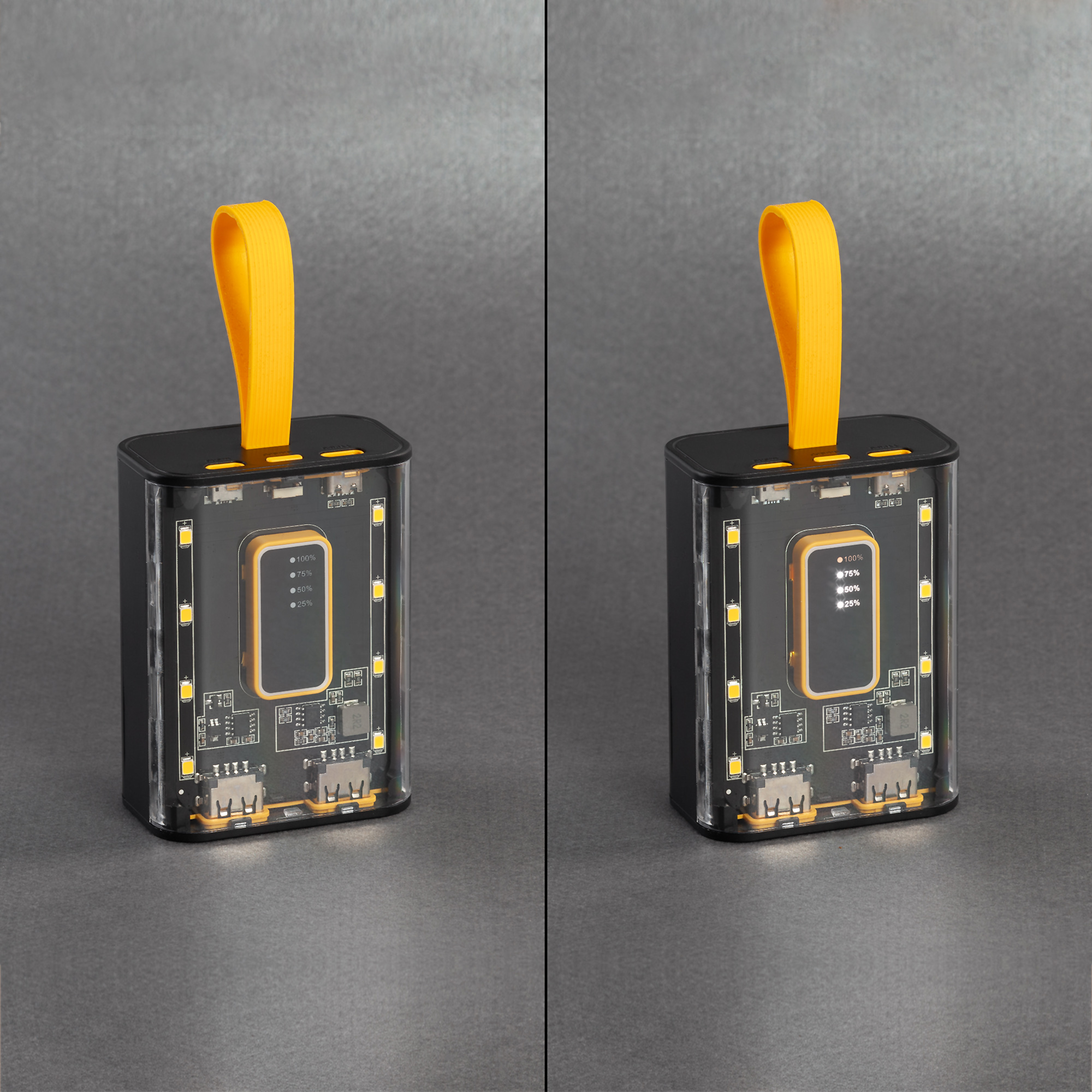 Зарядное устройство "Shine" 9000 mAh с LED-подсветкой, встроенными кабелями Type-C/Lightning/USB, черный с желтым