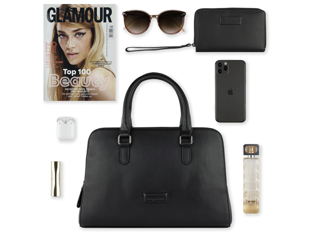 Сумка женская BUGATTI ЭЛЬЗА | ELSA, чёрная, воловья кожа/полиэстер, 32х13х22 см