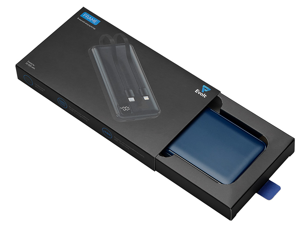 Внешний аккумулятор со встроенными кабелями Фрэйм, 10000мач, темно-синий