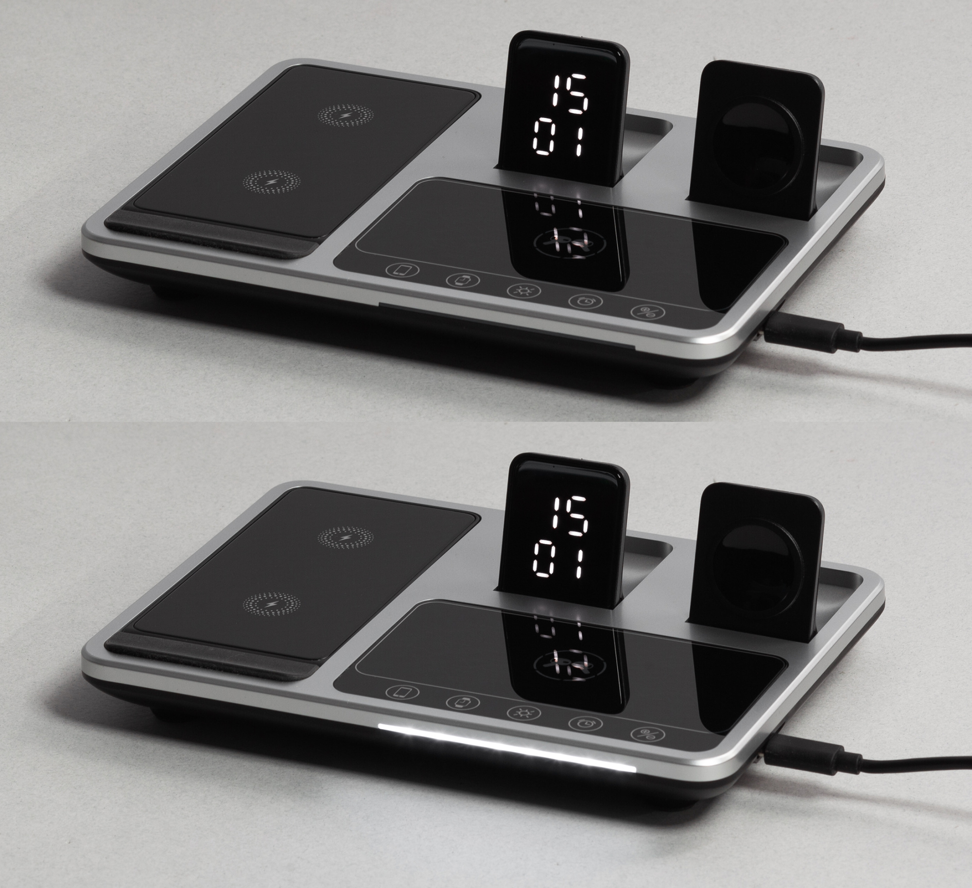 Беспроводная (15W) зарядная станция "Smart Lift" с сенсорным подъёмным механизмом, часами и ночной подсветкой фото на сайте Print Logo.