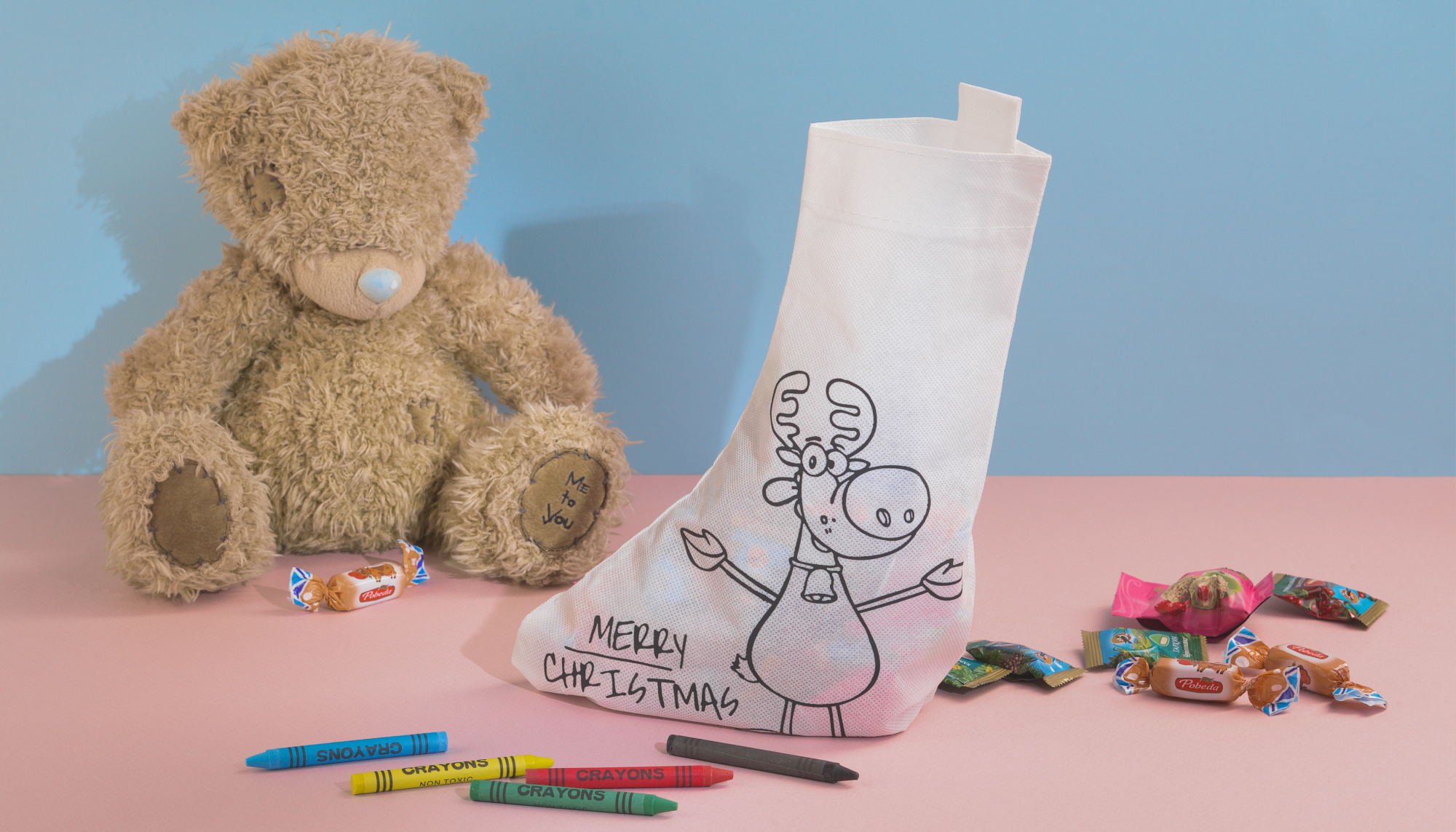 Мешок-раскраска "Merry christmas" с восковыми мелками фото на сайте Print Logo. 