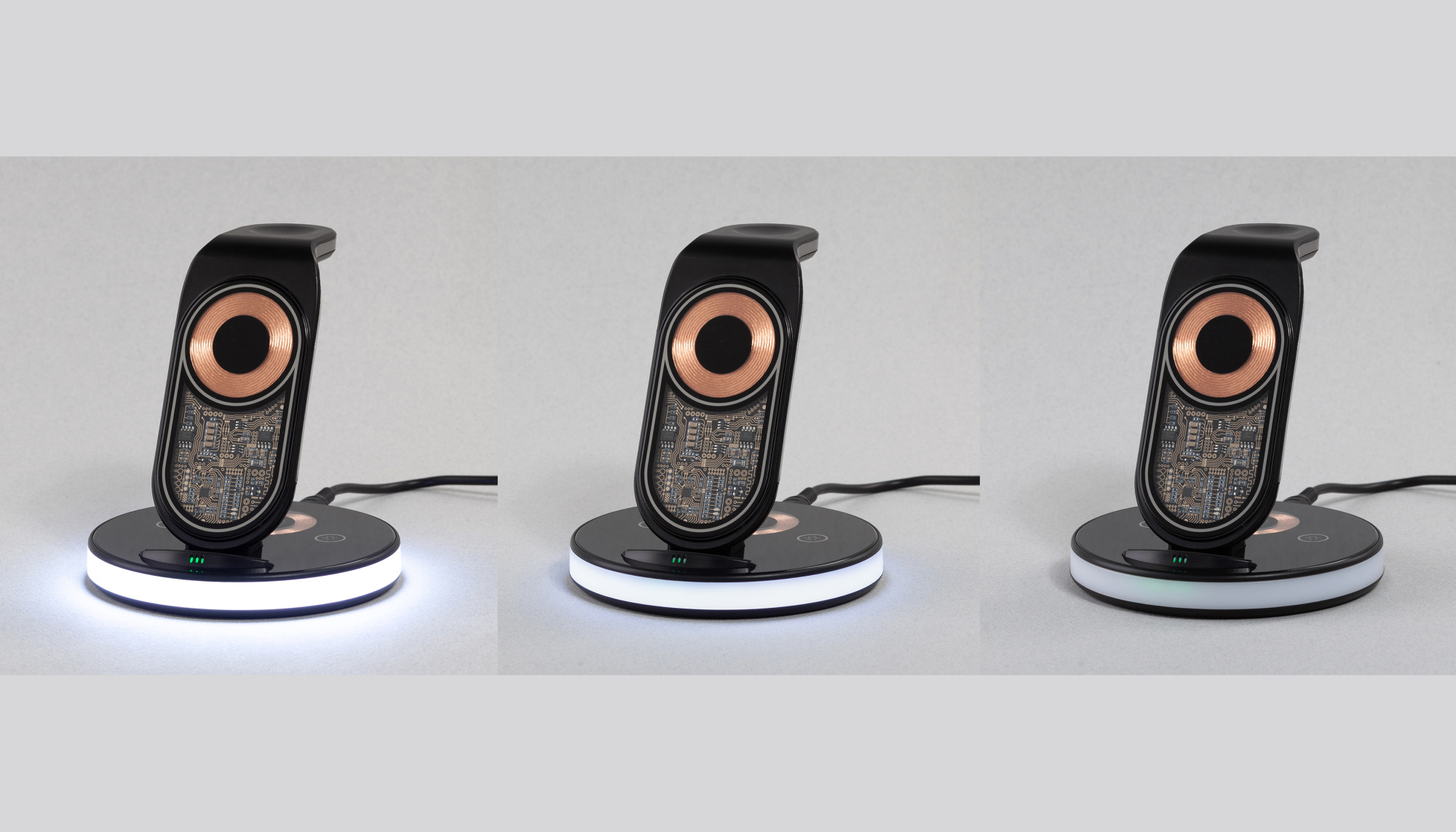 Беспроводная (15W) зарядная станция "Tron" с прозрачным корпусом и подсветкой фото на сайте Print Logo.