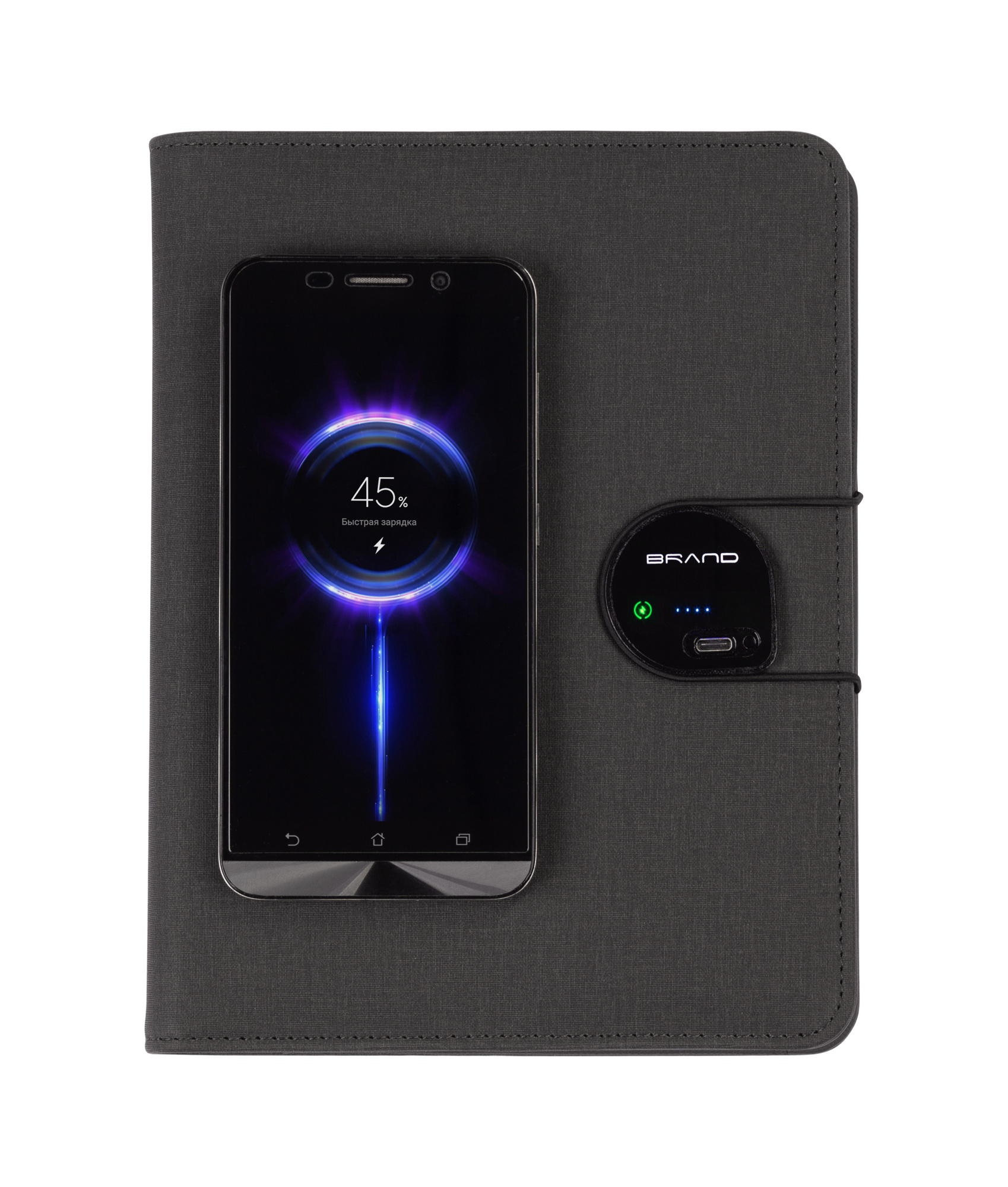 Папка А5 с беспроводным (10W) ЗУ 5000 mAh, с функцией MagSafe, сенсорным дисплеем с подсветкой логотипа и блокнотом фото на сайте Print Logo.