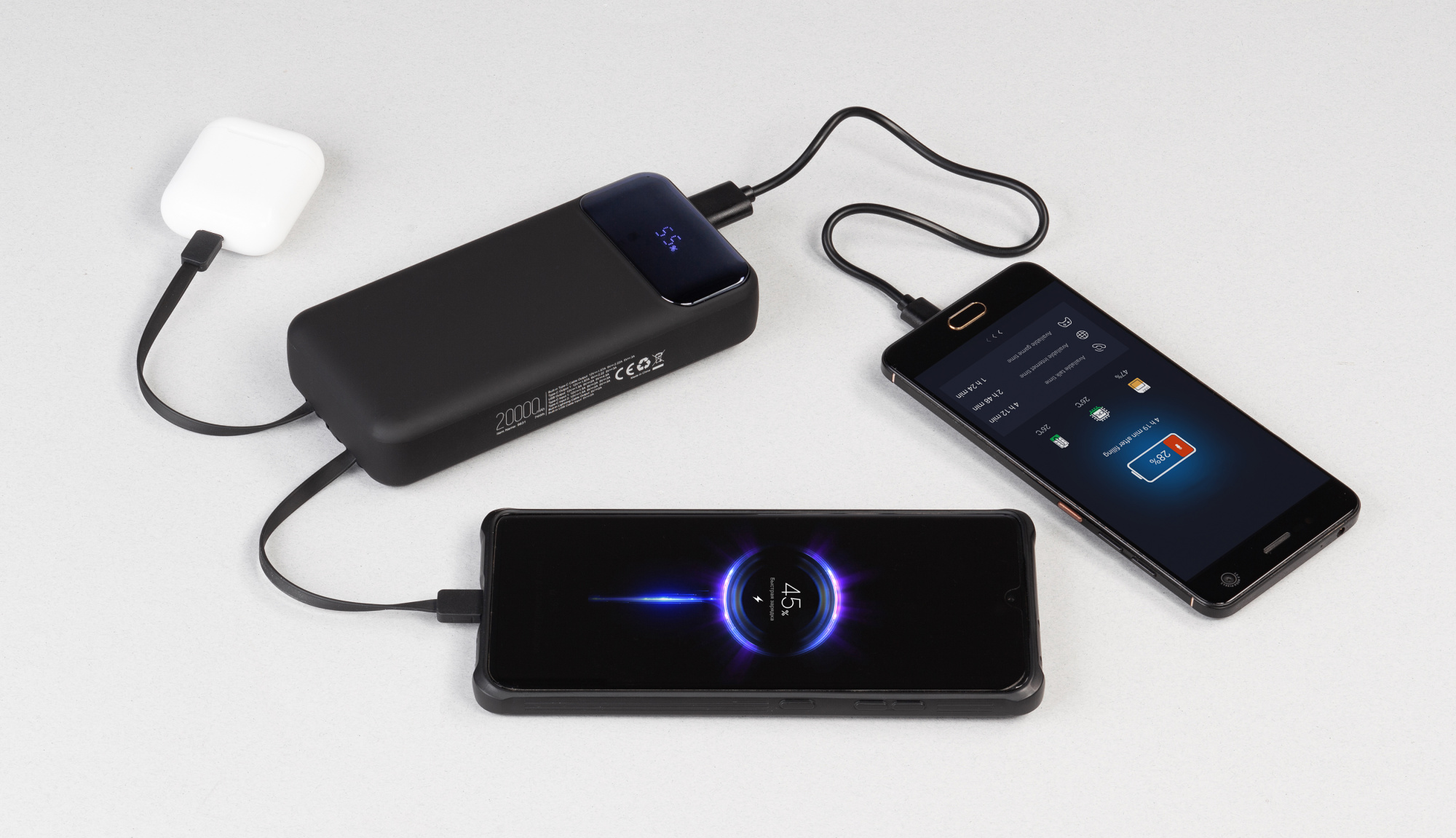 Зарядное (22.5W) устройство "Top Grade SOFTTOUCH" 20000 mAh с подсветкой логотипа, встроенными кабелями и цифровым индикатором заряда фото на сайте Print Logo.